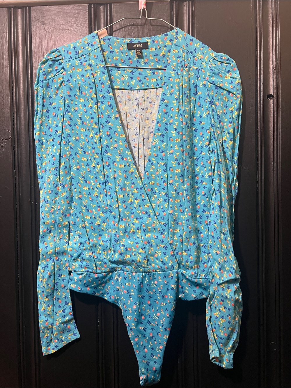 AFRM Turquoise Floral Wrap Bodysuit with Puff Shoulders